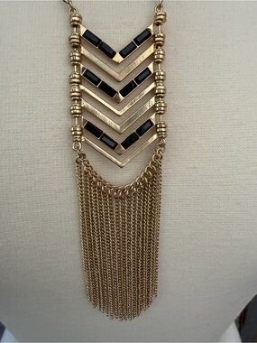 Gold and Black Chevron Fringe Pendant Necklace - Women Jewelry